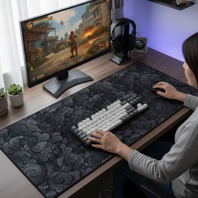 sous main bureau a motif  floraux et nuages