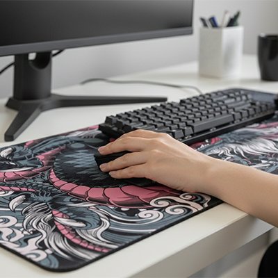 Sous main bureau gris rose contient souris et clavier