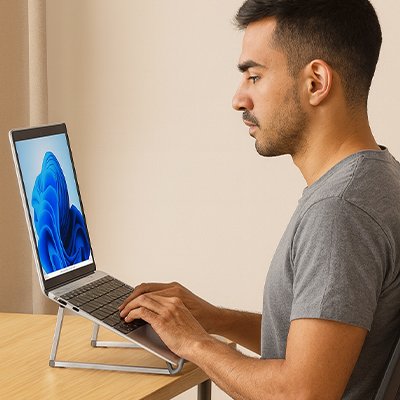 Support ordinateur portable homme qui travail sur ordinateur